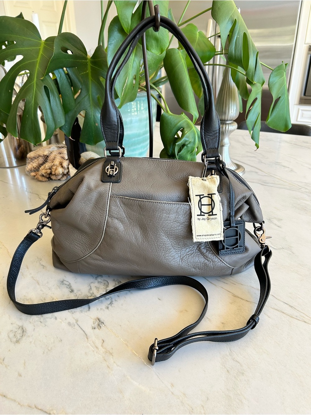Joy Gryson Gray Leather Shoulder Bag with Black‎ Handles